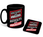 Whats Your Kick Motivation Theme Excuses are Useless Printed Black Ceramic Coffee Mug with Coaster Tea Mug 325ml