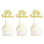 Festiko 24 Pack 60 Fabulous Cupcake Toppers Glitter 60th Anniversary Cake Picks 60th Birthday Wedding Party Cake Decorations Supplies Gold