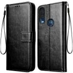 Juberous Vintage Leather Finish Flip Cover for Motorola Moto One Vision | Inside Pockets & Inbuilt Stand | Wallet Style Back Case | Magnet Closure (Black)