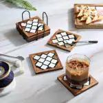 DULI Set of 6 Square Wooden Honey Paan Coaster with Stand 4x4 Inches