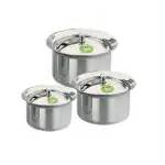 JVL Silver Stainless Steel Cookware And Serveware Essential Utensil Handi Set With Lid 225ml, 350ml, 500ml (Pack of 3)