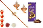 Feastive Celebrations Auspicious Rakhi With Cadbury Dairy Milk Silk Mocha Caramel, Pair Of Soan, Pooja Rakhi, Kesar And Chawal (Set Of 7)