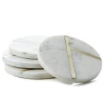 MBSC White Marble Tea/Coffee/Cocktail Coaster (Round with Brass Inlay) Set of 4 pcs for Hot & Cold Drinks