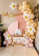 SPECIALYOU.IN Baby shower decoration kit with pastel pink, dark yellow, peach and white balloons with gold baby shower banner- pack of 67 pcs