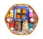 MANTOUSS Diwali Gift hampers with Dry Fruits/Dry Fruits Combo Pack-Decorated Basket+2 Jars of Dry Fruits(Almond and Cashew)+Chocolate Gift Box+2 Wax Filled matki Diya+4 Rangoli Colours+Diwali Card