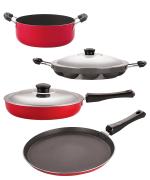 Nirlon Aluminium Red, Black Standard Non Stick Kitchen Essentials Cookware Set - Ft10_Fp12_Ap12_Cs24 (Pack Of 4)