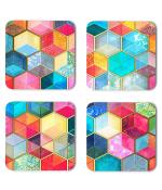 Whats Your Kick Vector Pattern Rainbow Honeycomb Cube Pattern Design Printed Set of 4 Coaster With Metal Stand