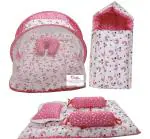 Fareto Star and Moon Pink Combo of Baby Bedding Set With Net and Carry Bag,0-6 m 4 pcs