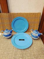 Caffeine Blue Ceramic Plate With Katori Bowl And Tea Pot (Set Of 4)