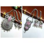 Royale Diva Elephant Chain Pendant Set with Monalisa Stone Gorgeous Oxidized Peacock Necklace: Unleash Your Style with Exquisite Elegance Pack Of 2