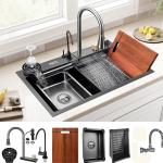 Respite Black Stainless Steel Waterfall Kitchen Sink Single Bowl, 30 X 18 X 10 Inch