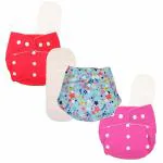 Deedry Oeko-Tex Certified Washable & Reusable Diapers with Adjustable Snap Buttons (One Size Perfect Fit), comes with Absorbent Inserts/Pads- (3Months- 3Years) (2 Solid + 1 Floral Print)