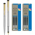 Parker Vector Stainless Steel GT Fountain Pen + Ball Pen + Quink Cartridges - Blue 2Pcs