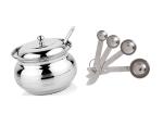 BLUE WONDER Stainless Steel Multipurpose Ghee Pot/Pickle Container with Spoon With Stainless Steel Measuring Spoons and (Multicolour, Pack of 2)