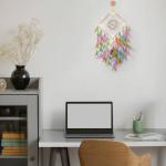 DULI Square Dream catcher with Lights with Pink Orange Feathers for Home Decoration