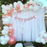 SPECIALYOU.IN Birthday Decoration Items Kit For Girls with White & Metallic Rose Gold Balloons, Rose Gold Happy Birthday Cursive paper, Net Curtains Backdrop Cloth for Decoration & Green Vines - 69 Pcs