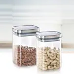 Borosil Classic Square Glass Jar, Air-Tight Storage Container for Kitchen, Glass Jar for Storing Spices, Dals, Grains, Rice, Set of 2 (1 L each), Clear