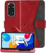Autofocus Faux Leather Back Case Flip Cover for Mi Redmi Note 11, Redmi Note 11 with ID Card Slot | Foldable Stand | 2 Card Slot | 1 Cash Slot | Magnetic Closure - Executive Red, 22776