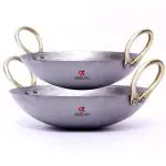 Abizona Iron Kadai For Cooking Deep Frying Kadhai Heavy Bottom with Golden Handle Combo (1.5Ltr-2Ltr) | Medium-Large Size | Silver
