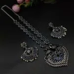 Royale Diva Peacock Design Long Oxidised Silver Plated Necklace Set For Girls