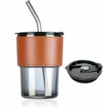 RIOMTRIC Glass Tumbler Cup with Lid and Straw 435 ML(1 Piece) Coffee Mugs with Leather Sleeve