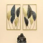 vedas Multicolour Metal Rectangular Haya Leaf Wall Art Sculpture for Living Room Bedroom, Hotel Office Home Decor (Size: 12 X 22 Inches) (Set of 2)
