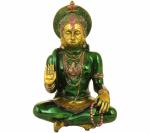 Idol Collections Green Brass Seated Hanuman, 11.2 Inch