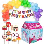 Festiko Set of 37 Pcs It's Our First Rakhi Combo (Banner, Balloons, Photobooth Props, Playhouse Tent Unicorn), Raksha Bandhan Decoration Combo