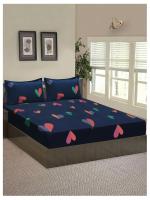HOMETALES Microfiber Graphics Double Bedsheet with 2 Pillow Covers- Navy Blue