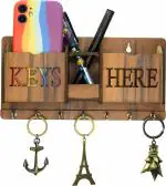 Myenal Keys Here Key Holder Designer Wooden Key Holder with Two Mobile Pocket and Pen Holder Wood Key Holder (7 Hooks, Brown)