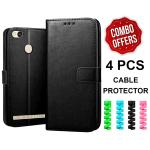 SROCK Xiaomi Redmi 3s, Redmi 3s Prime Leather Flip Cover | Wallet Style Back Case| Magnet Closure | inbuilt Stand ( Combo Offer 4pcs Cable Protector)- Black