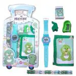 AMB New Cartoon 7 in 1 Stationery Gift Set for Children | Stationery Supplies Bundle with Digital Watch, Sharpener, Eraser, 2 Pencils, Wallet Pouch Return Gift for Kids(Dino)