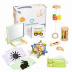 Curious Cub Montessori Learning Wooden Toys Box (Box 2: 3 to 6 Months) Wooden Crib Mobile, Sensory Balls, Skwish Rattle, Teether, Flashcards
