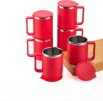 METRONIX Premium Quality Coffee Mug, Tea Cup Set, Coffee Mug Set, Stainless Steel Mug, Steel Cup with Lid (Red, 200 ml) 6PCS