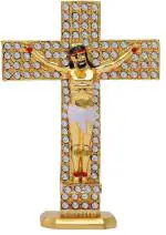Caristo Christian Jesus Christ Holy Cross Crucifix Symbol (ID-93) Gold Metal Showpiece for Car Dashboard | Home Decor | Office Table Showpiece