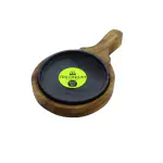 TRILONIUM Cast Iron Sizzler Plate with Wooden Base | Round | Long Handle (6 inches)