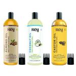 Rey Naturals Cold Pressed Castor Oil, Coconut Oil and Sweet Almond Oil for hair and skin 200ml Plus 200ml Plus 200ml