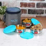 HAZEL Tiffin Box for Office Men & Women | Stainless Steel Lunch Boxes Set of 3 Leak Proof Lunch Box (2 Pc 300 ML , 1 Pc 450 ML Containers) with Cylindrical Lunch Bag with Strap