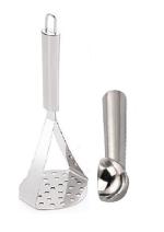 BLUE WONDER Stainless Steel Big Potato Masher with Steel Ice Cream Scoop and Multicolour, Pack of 2