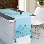 ODE & CLEO Back Sheeting Lining, in Front Print With Bead Work Light Blue/Antique Gold Premium Cotton Eco-Friendly Versatile Table Mat & Table Runner Set