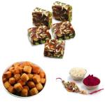 Sweet Touch By Landmark Khajur Dryfruit Burfee And Shakkar Para Box With Rakhi, Kumkum And Chaval, 500 G