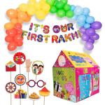 Festiko Set of 37 Pcs It's Our First Rakhi Combo (Banner, Balloons, Photobooth Props, Playhouse Tent Pig), Raksha Bandhan Decoration Combo