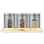 MILTON Treasure Gift Set, Steel Container Set of 3, 1000 ml Each With Wooden Tray | Leak Proof | Finger Print Proof | Odour Proof | Dishwasher Safe | Storage Jar | Kitchen Organizer