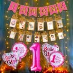 Party Propz Pink Foil, Paper 1St Birthday With Warm Led Light Banner, Foil And Round Balloons