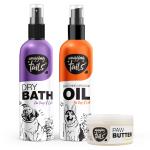 Wagging Tails Combo of Massage Oil (200ml), Dry Bath Shampoo (200 ml) and Paw Butter (50 gm) | Natural Ingredients Grooming Combo Kit for Dogs, Cats & Puppies