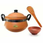 KSI 3.5 L Trracotta Clay Handi with Lid and Free Wooden Spatula and Serving Bowl
