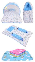 Kwitchy Combo of Baby Bedding | Bed with Net | Carry Bag | 4 Waterproof Sheets 4 Pcs Bedding Set (0-6 Months)