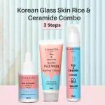 Glamveda Korean Glass Skin Rice & Ceramide 3 Step Daily Skincare Routine For Women | Face Wash, Serum & Sunscreen