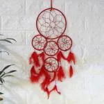 Ryme Red Color 5 Rings Dream Catcher Attracts Positive Dreams With Colorful Feather- 7 cm