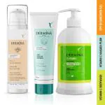 DEREMINA Skin Care Combo Pack SPF35+ Sunscreen Gel Aqua Dry Touch, Dual Protection,Vitamin C Exfoliating Bodywash,Natural Vitamin C Oil Free Look Instant Glow Face Wash (Combo Pack,50g,250g,60g)